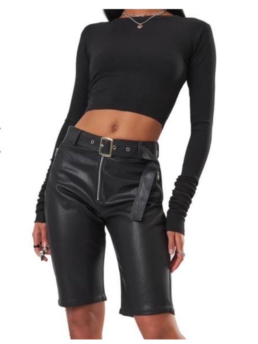The Kript Black Faux Leather Belted Biker Shorts